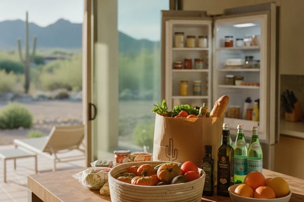 Kitchen counter with fresh produce and pantry shelves overlooking desert landscape