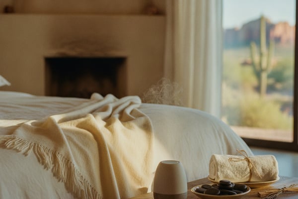 Bedroom with spa items, candle, and desert landscape view through window